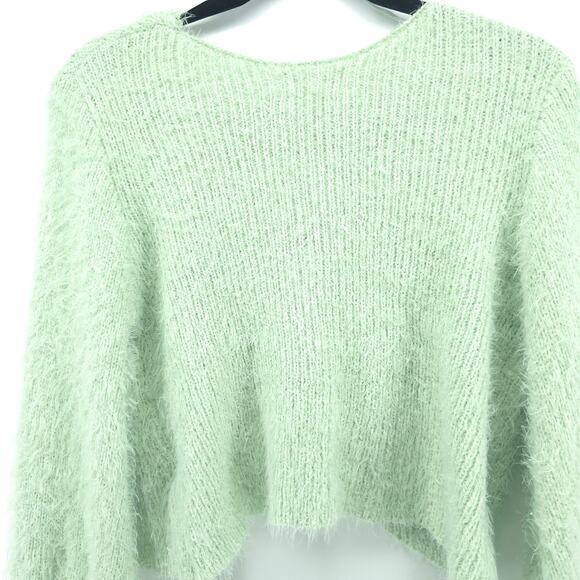 Rebels&Lovers V Neck Fuzzy Twisted Crop Green Eyelash Knit Sweater BellSleeve L - Picture 11 of 13